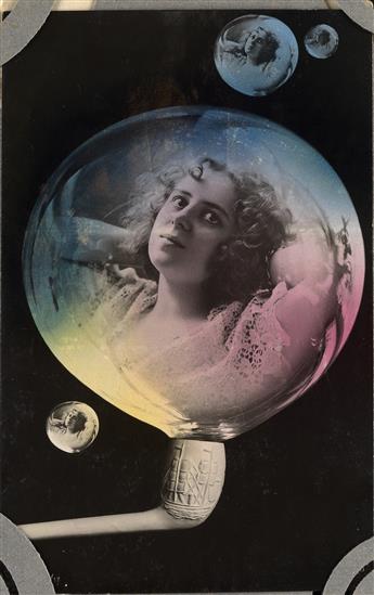 (PIPE DREAM MONTAGES--HUMOR) Album with 58 American and European humorous real photo postcard montages of women depicted in bubbles (bl